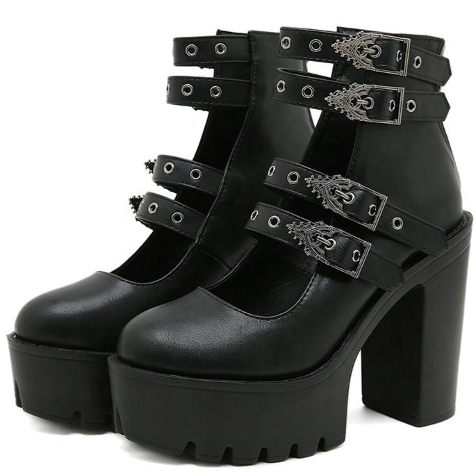 Damskie buty gotyckie Dark Soul w kolorze czarnym z klockowym obcasem – metalowa klamra, gruba platforma