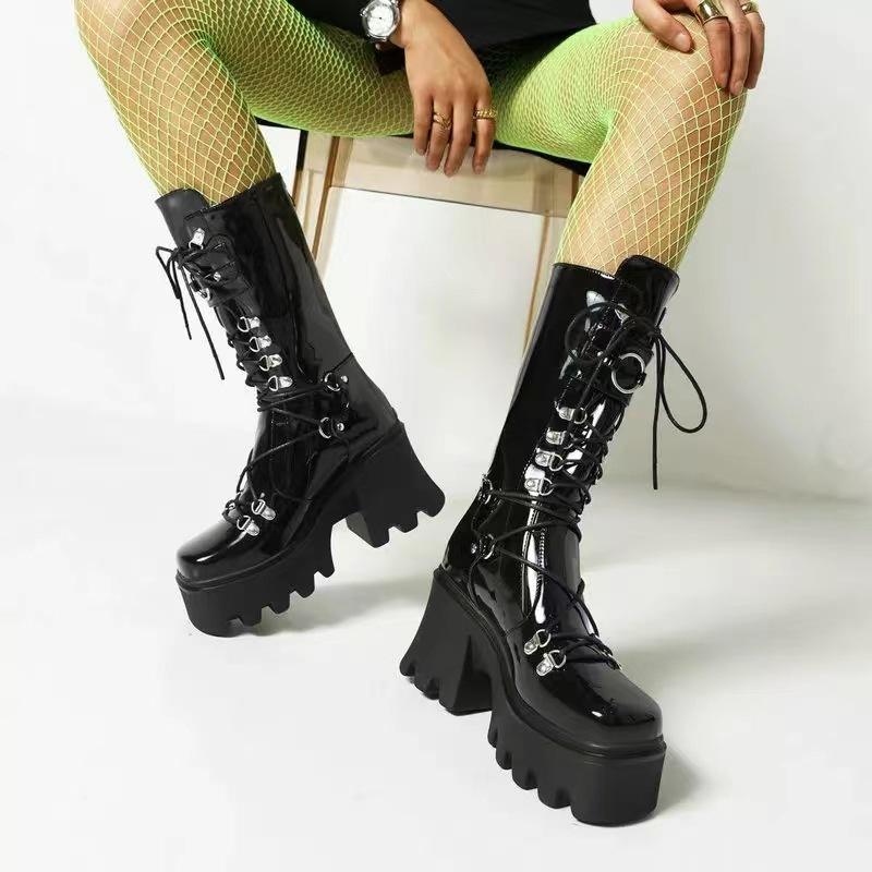 Buty bojowe Dark Soul Chunky Platform Combat Boots dla kobiet – czarne, sznurowane 