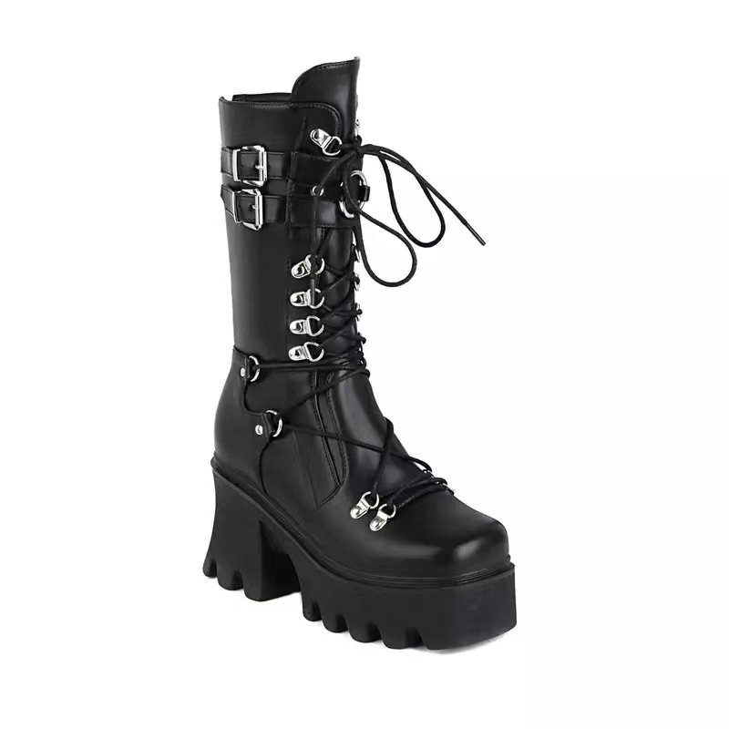Buty bojowe Dark Soul Chunky Platform Combat Boots dla kobiet – czarne, sznurowane 