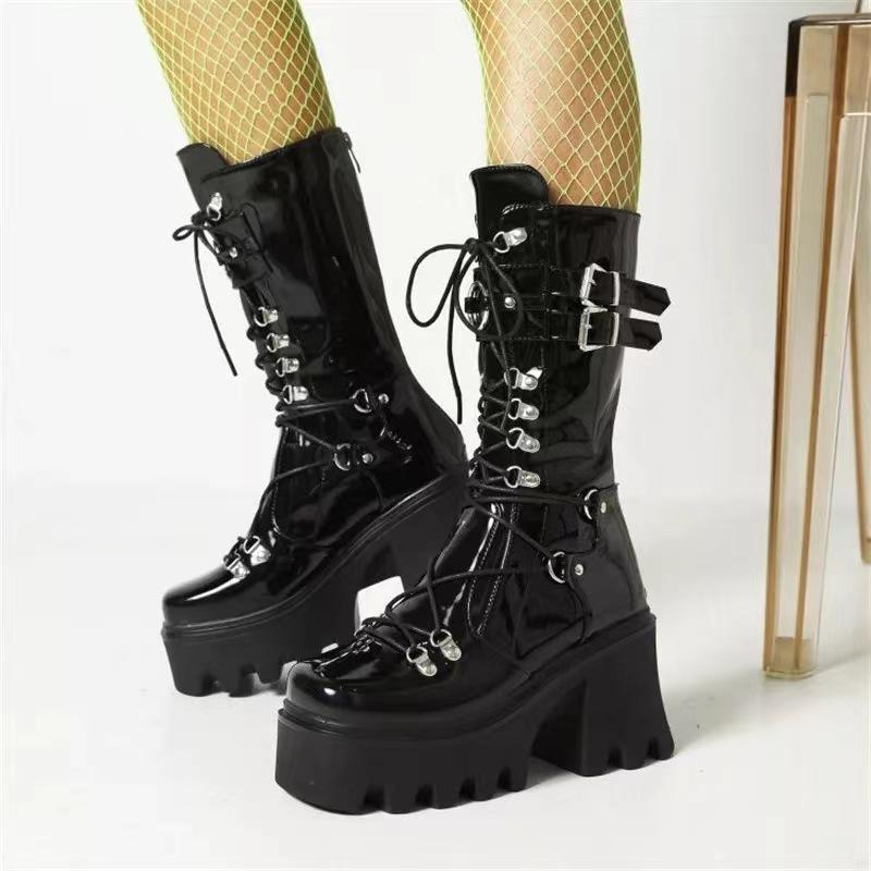 Buty bojowe Dark Soul Chunky Platform Combat Boots dla kobiet – czarne, sznurowane 