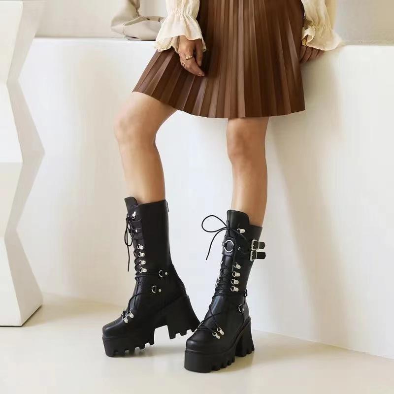 Buty bojowe Dark Soul Chunky Platform Combat Boots dla kobiet – czarne, sznurowane 