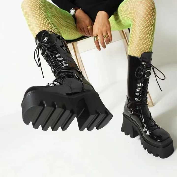 Buty bojowe Dark Soul Chunky Platform Combat Boots dla kobiet – czarne, sznurowane 