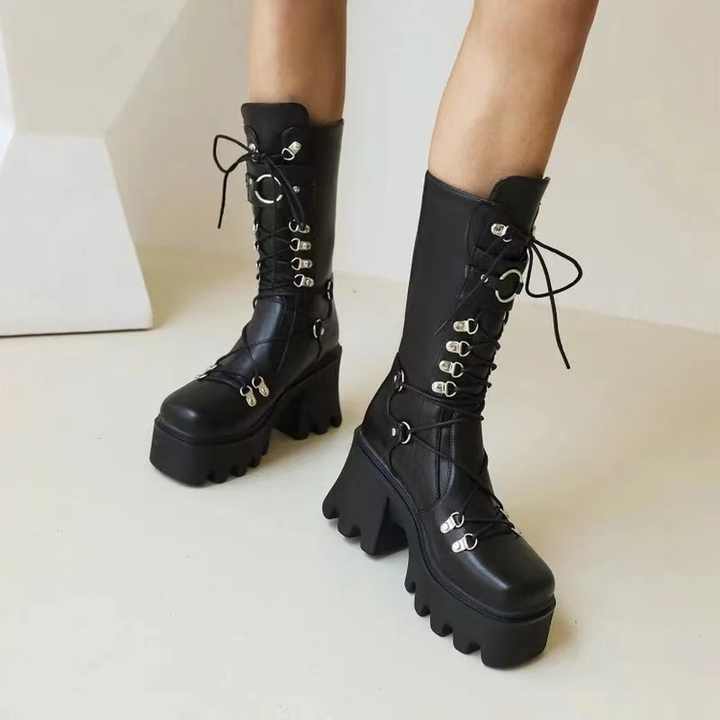 Buty bojowe Dark Soul Chunky Platform Combat Boots dla kobiet – czarne, sznurowane 
