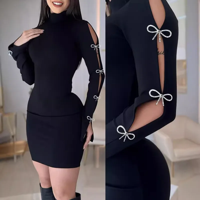 Dark Soul Elegant Bow Knot Turtleneck Sheath Dress - Long Sleeve Cocktail & Party