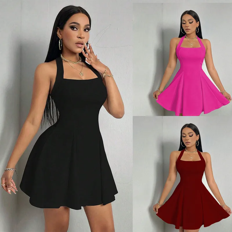 Dark Soul Elegant Sleeveless Party Dress - Women's Sexy Solid Color Halter Neck Cocktail