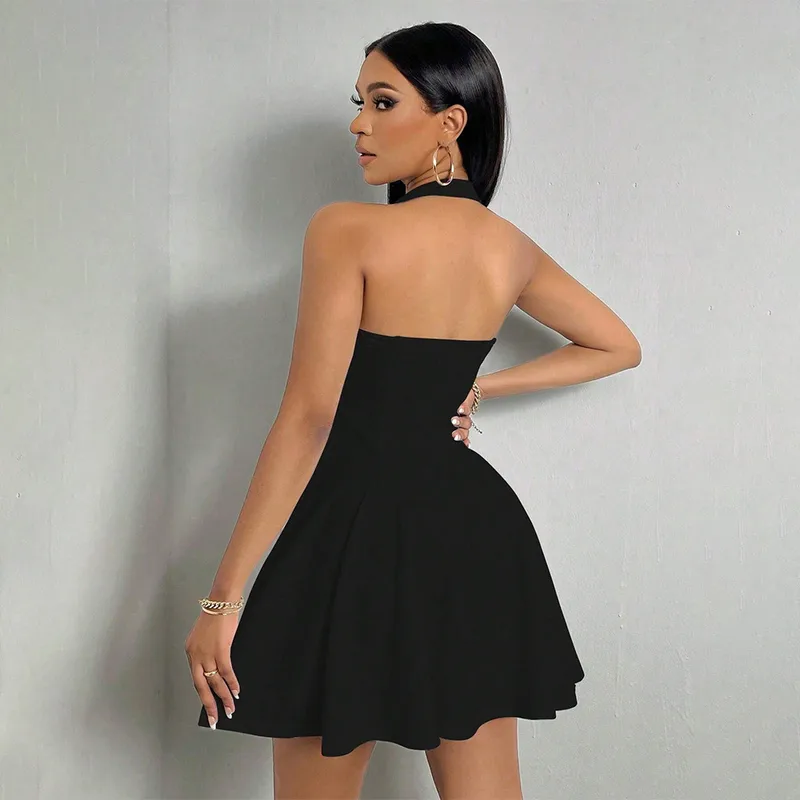 Dark Soul Elegant Sleeveless Party Dress - Women's Sexy Solid Color Halter Neck Cocktail