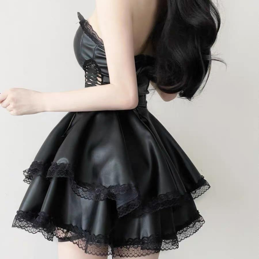 Dark Soul Gothic Punk Y2K Black Mini Dress - Sexy Slim Fit Chest Wrap