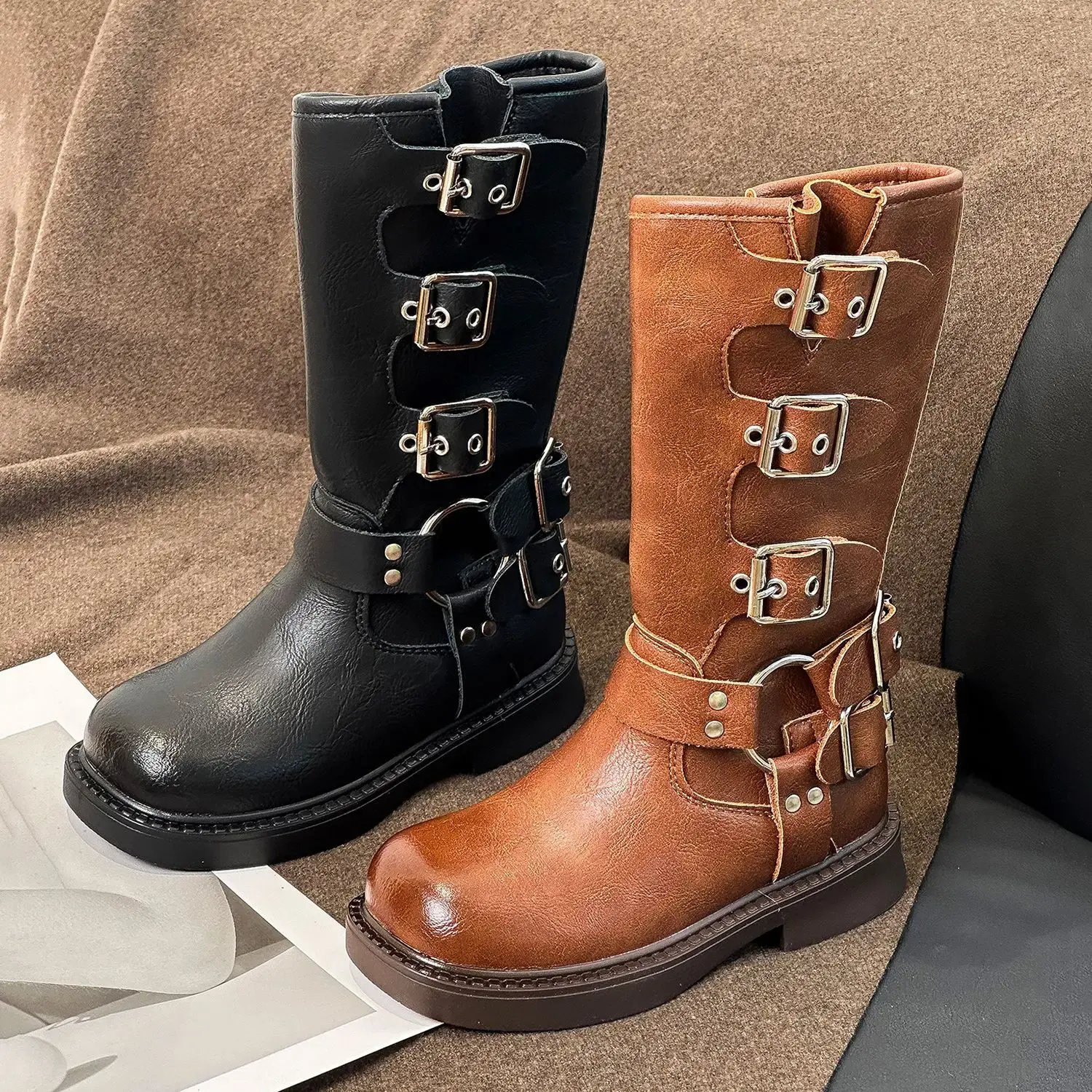 Dziecięce skórzane buty punkrockowe Dark Soul – za kolano, w stylu motocyklowym 