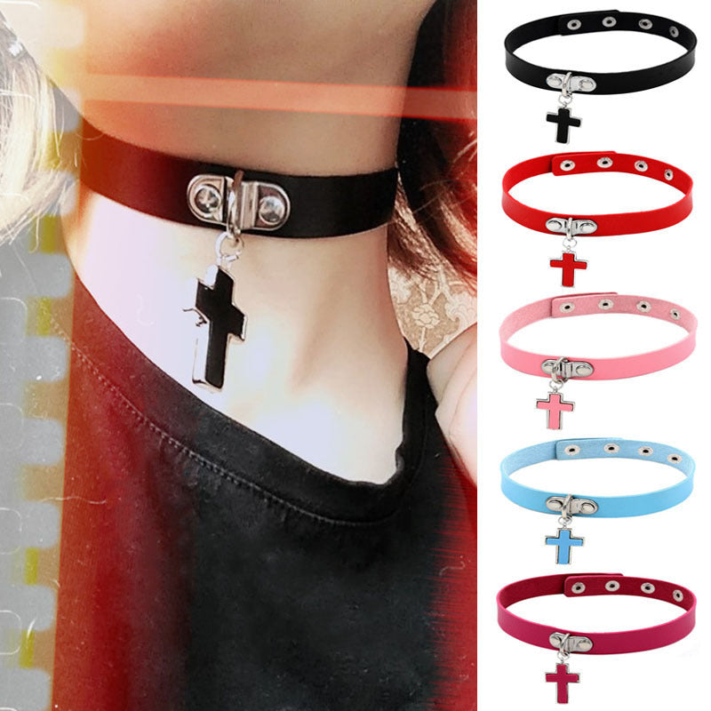 Choker ze skóry PU Dark Soul Punk Cross 