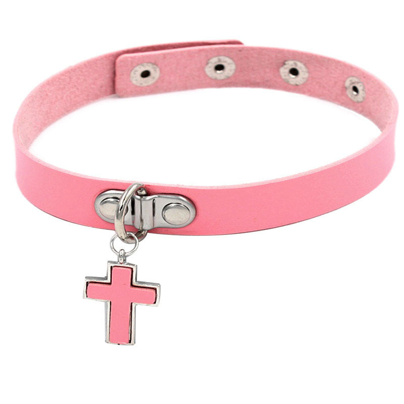 Choker ze skóry PU Dark Soul Punk Cross 