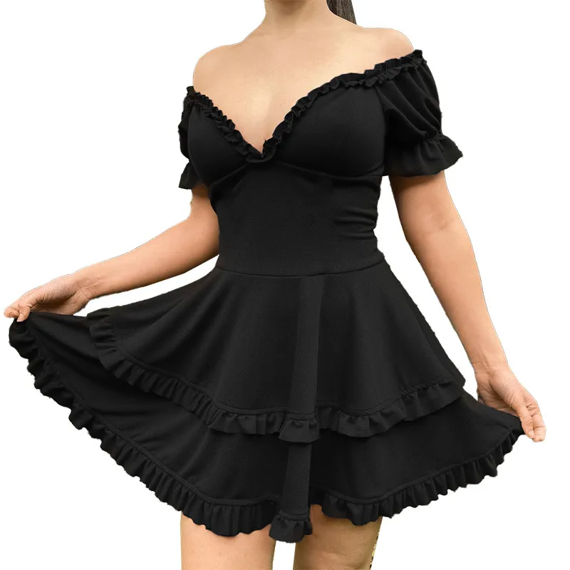 Dark Soul Solid Black Lace V-Neck Dress - Women's Elegant Short Sleeve for Cocktail & Holiday