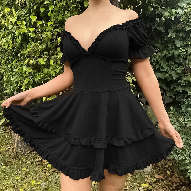 Dark Soul Solid Black Lace V-Neck Dress - Women's Elegant Short Sleeve for Cocktail & Holiday
