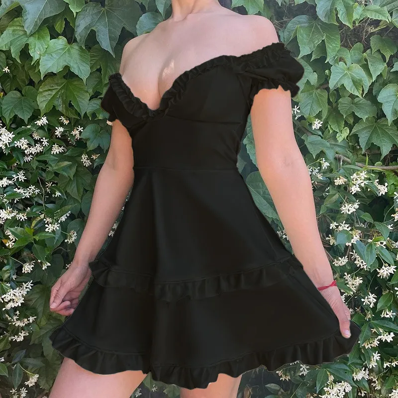 Dark Soul Solid Black Lace V-Neck Dress - Women's Elegant Short Sleeve for Cocktail & Holiday