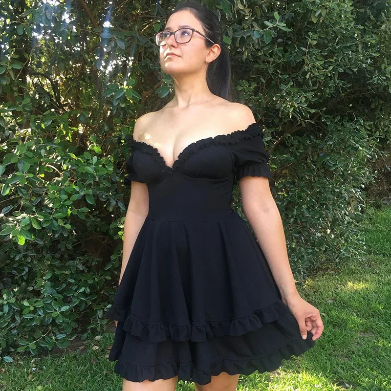 Dark Soul Solid Black Lace V-Neck Dress - Women's Elegant Short Sleeve for Cocktail & Holiday