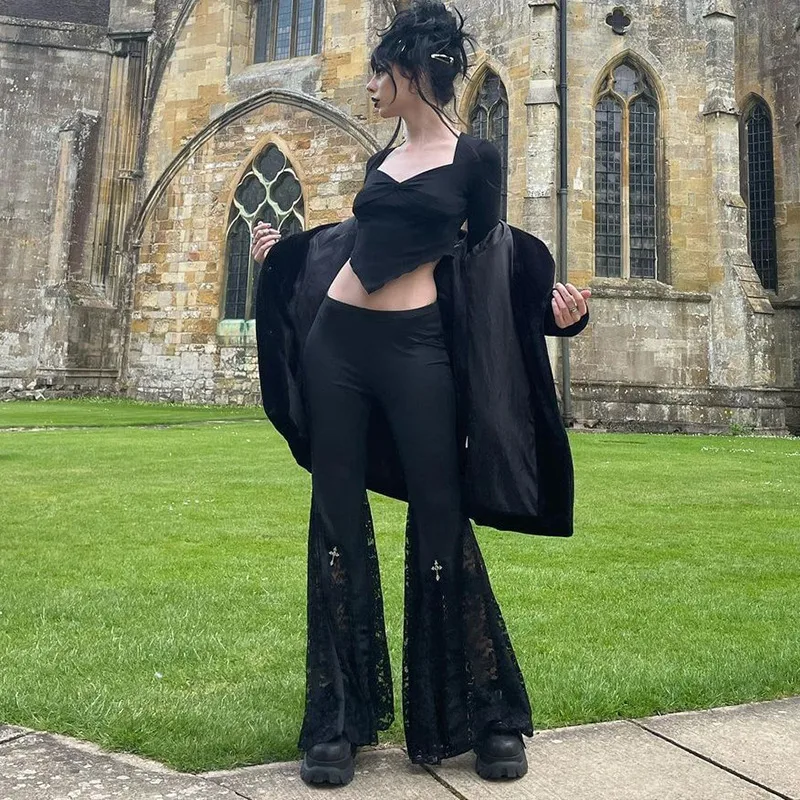 Dark Soul Solid Color Lace Hollow Out Bell Bottoms - Women's Sexy Dark Style Festival Pants