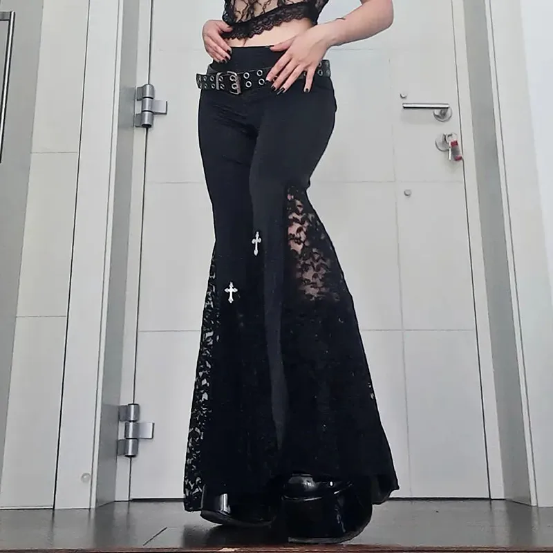 Dark Soul Solid Color Lace Hollow Out Bell Bottoms - Women's Sexy Dark Style Festival Pants