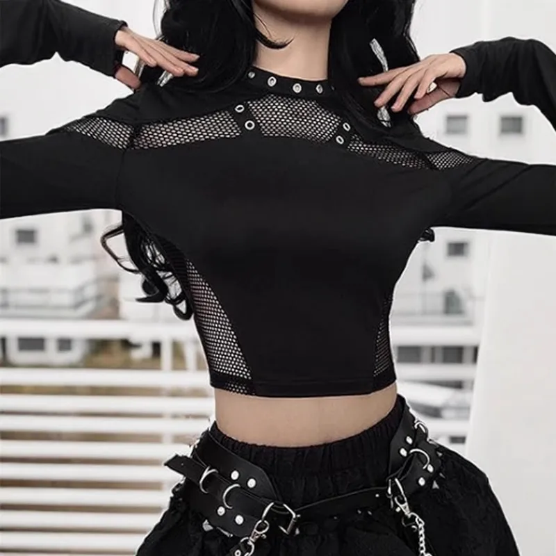 Dark Soul Solid Color Long Sleeve Punk Tee - Women's Spandex Polyester Streetwear
