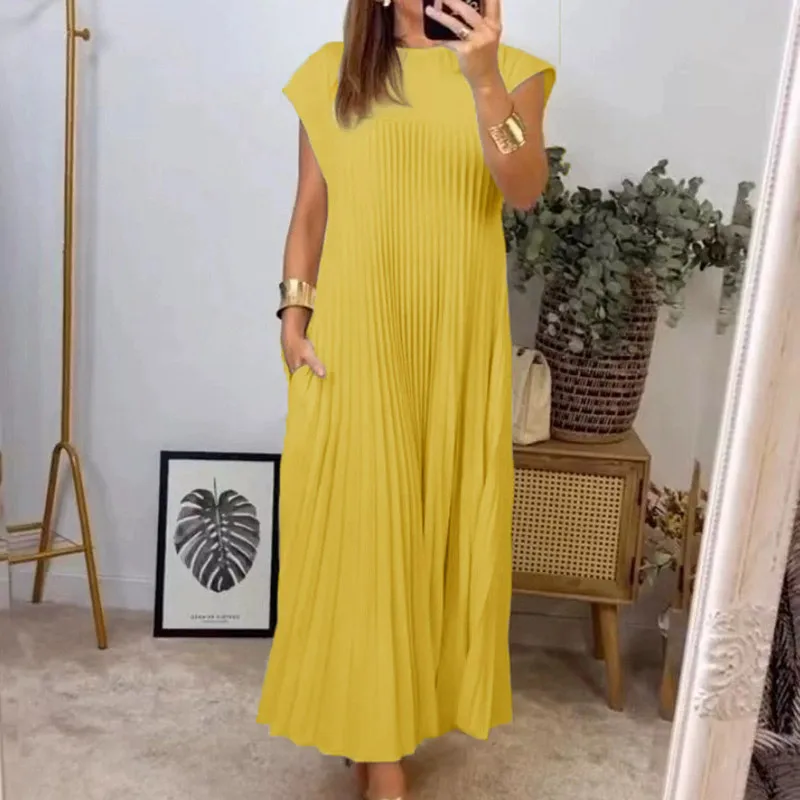 Dark Soul Spring Elegant Sleeveless Pleated Long Dress - Women's Round Neck Fashion