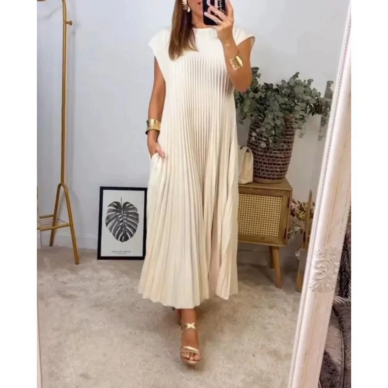 Dark Soul Spring Elegant Sleeveless Pleated Long Dress - Women's Round Neck Fashion