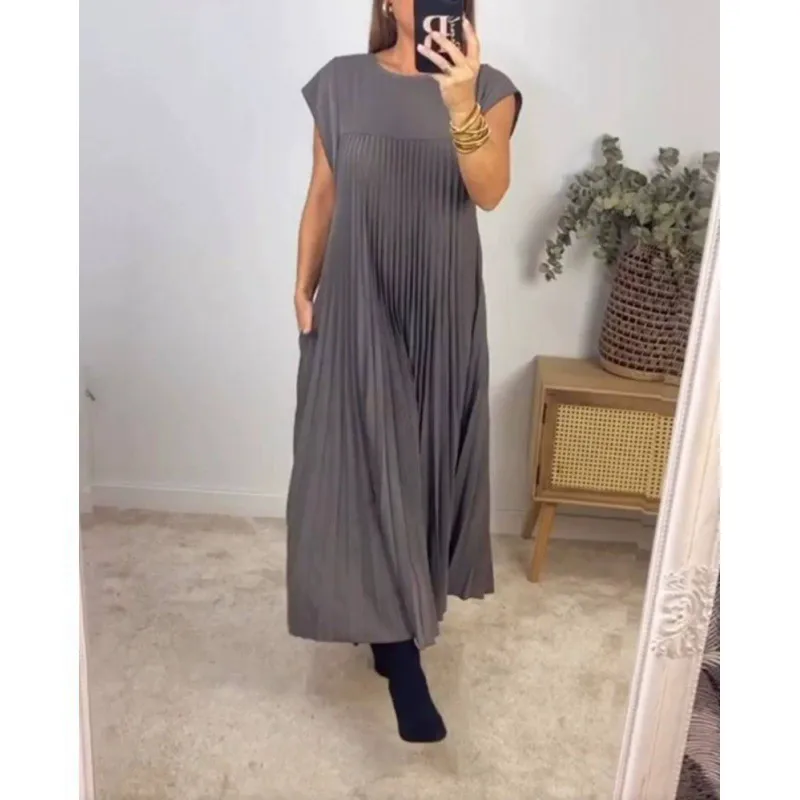 Dark Soul Spring Elegant Sleeveless Pleated Long Dress - Women's Round Neck Fashion