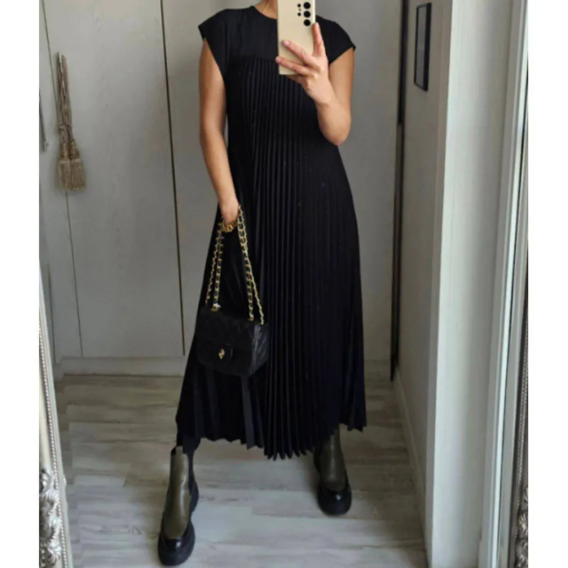 Dark Soul Spring Elegant Sleeveless Pleated Long Dress - Women's Round Neck Fashion