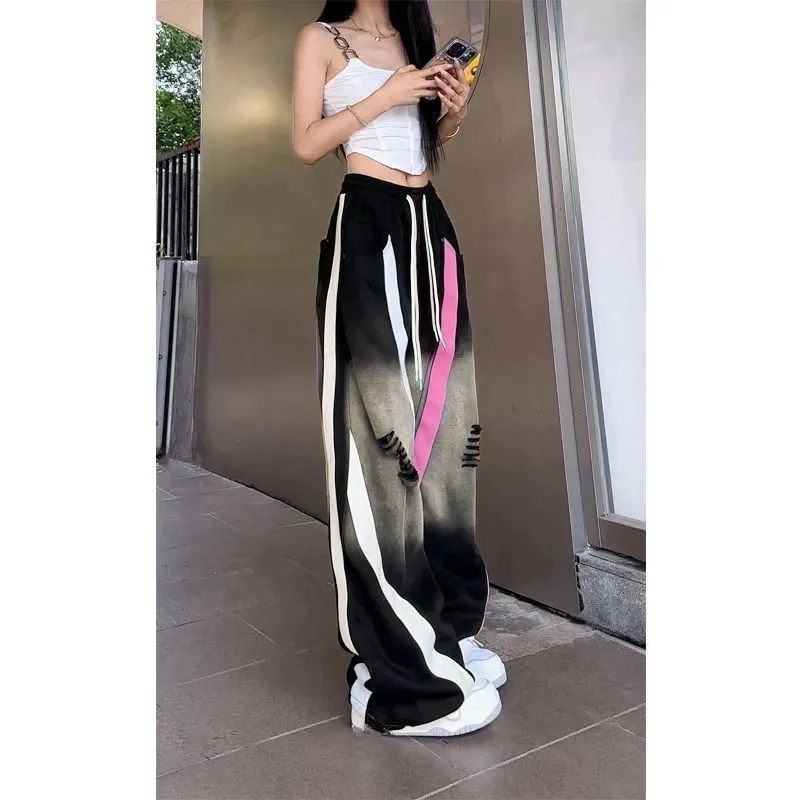 Dark Soul Vintage Rock Stripe Wide Leg Pants for Women - Casual Party & Stage Wear