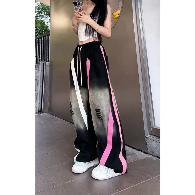 Dark Soul Vintage Rock Stripe Wide Leg Pants for Women - Casual Party & Stage Wear