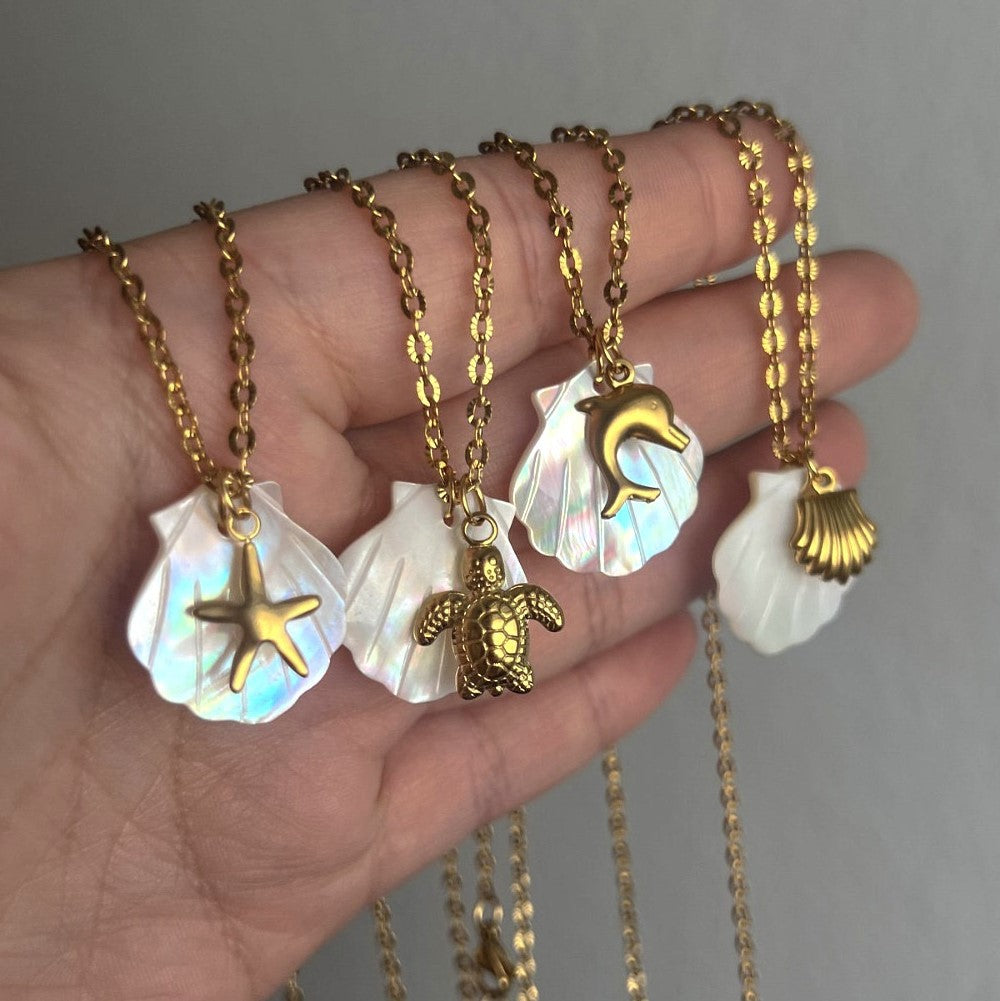 Dark Soul Women's 18K Gold Plated Marine Pendant Necklace - Titanium Steel Starfish, Dolphin & Shell Beach Jewellery
