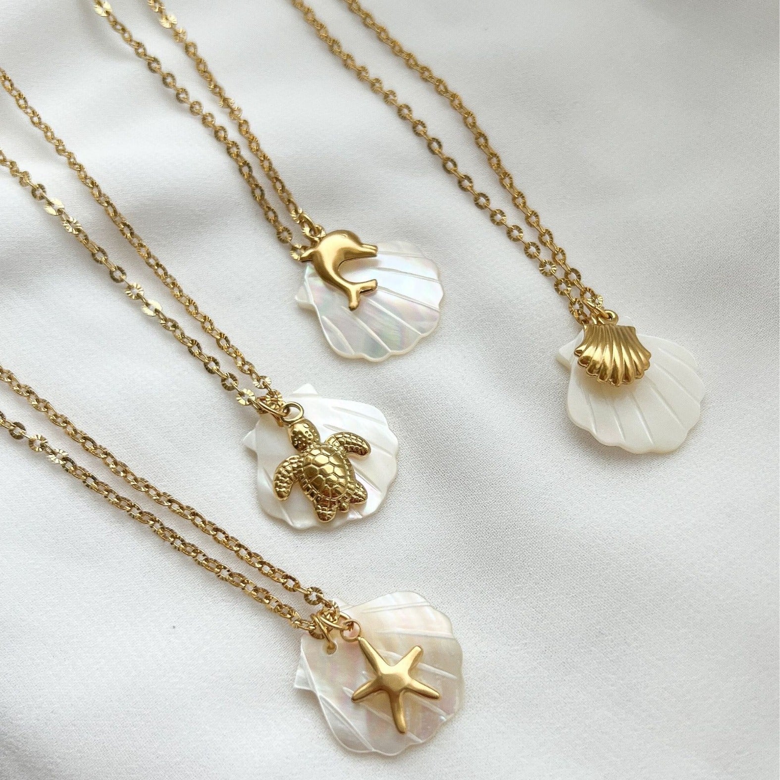 Dark Soul Women's 18K Gold Plated Marine Pendant Necklace - Titanium Steel Starfish, Dolphin & Shell Beach Jewellery