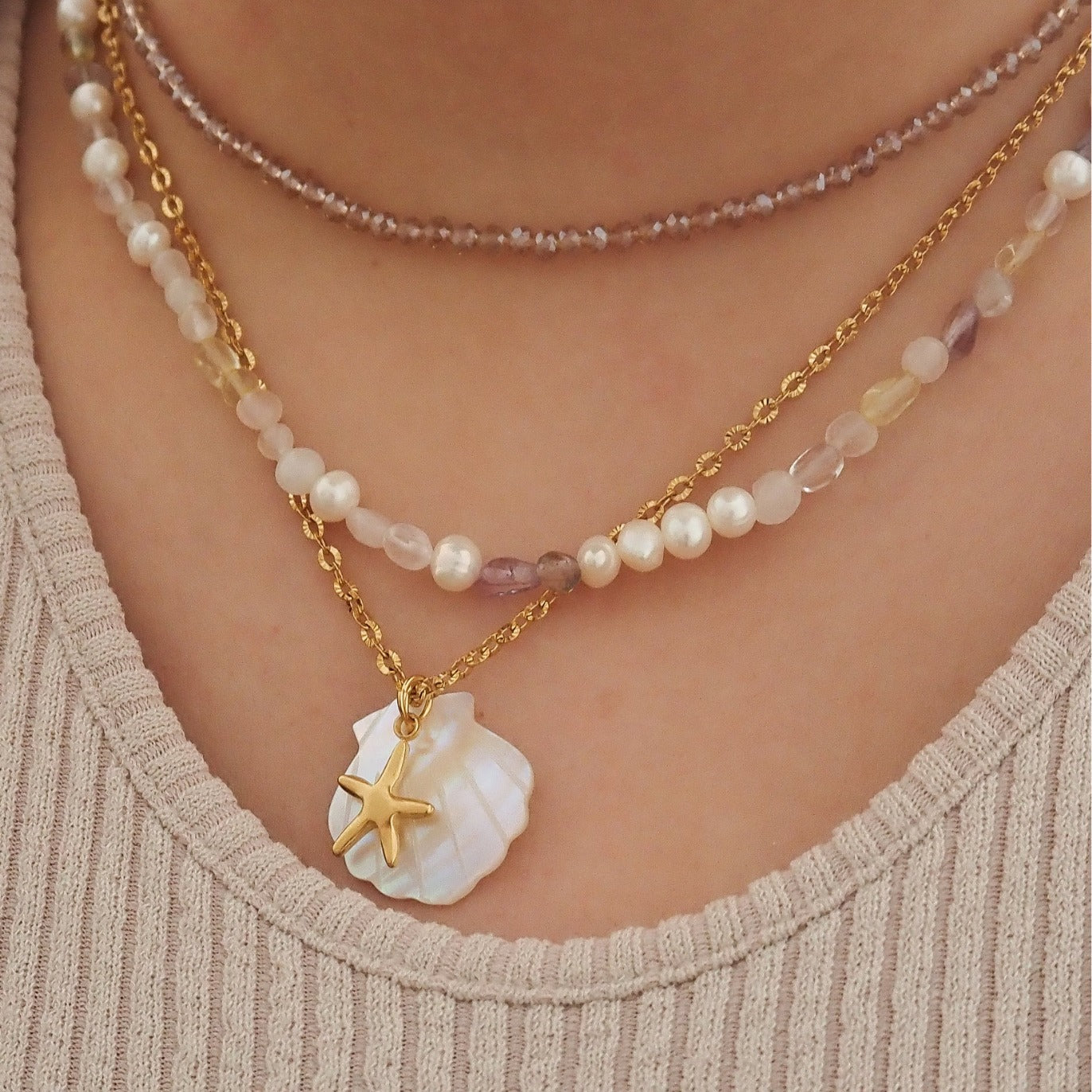 Dark Soul Women's 18K Gold Plated Marine Pendant Necklace - Titanium Steel Starfish, Dolphin & Shell Beach Jewellery