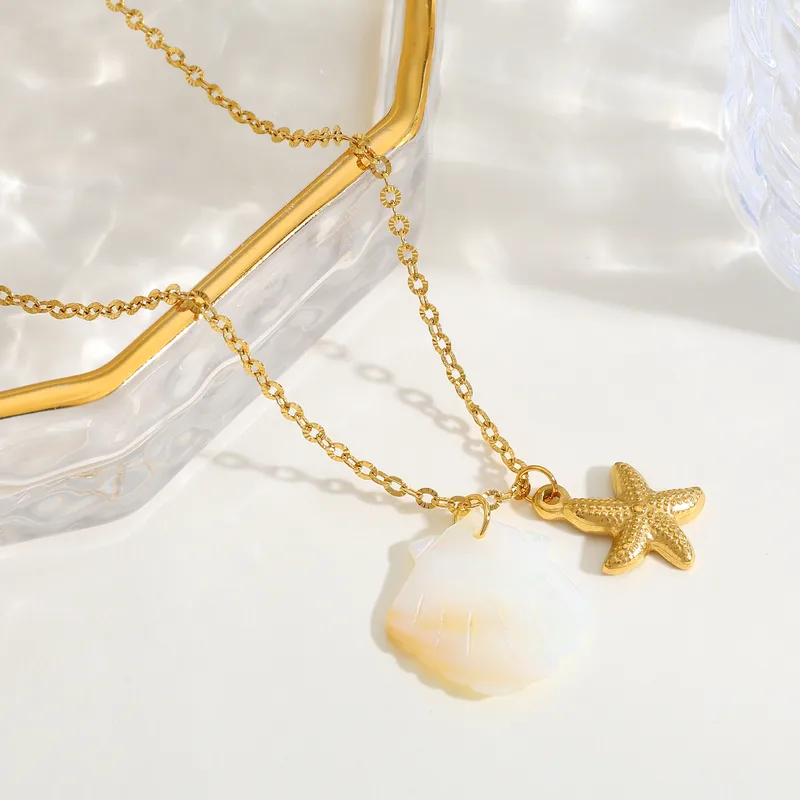 Dark Soul Women's 18K Gold Plated Marine Pendant Necklace - Titanium Steel Starfish, Dolphin & Shell Beach Jewellery