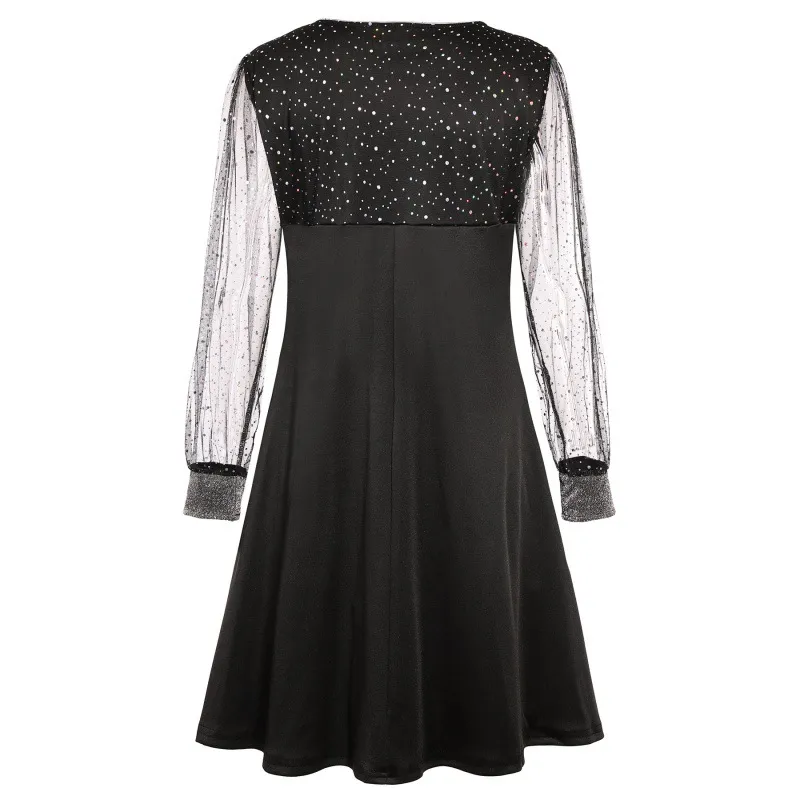 Dark Soul Women's Black Sequin Polka Dot Dress - Elegant V-Neck Long Sleeve Cocktail Party