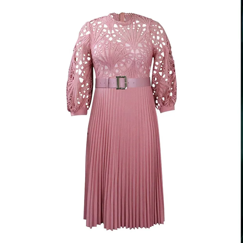 Dark Soul Women's Elegant Patchwork Lace Dress - Solid Color Round Neck 3/4 Sleeve Pleated