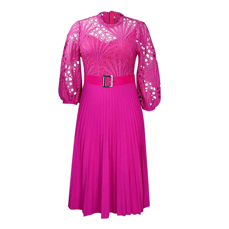 Dark Soul Women's Elegant Patchwork Lace Dress - Solid Color Round Neck 3/4 Sleeve Pleated