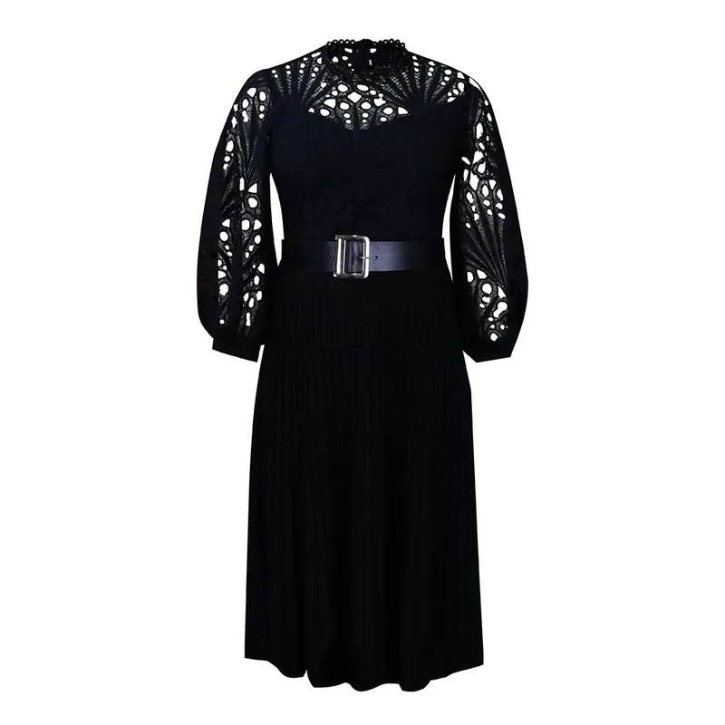 Dark Soul Women's Elegant Patchwork Lace Dress - Solid Color Round Neck 3/4 Sleeve Pleated