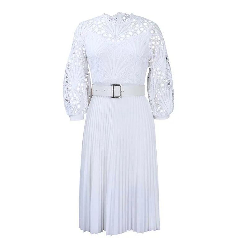 Dark Soul Women's Elegant Patchwork Lace Dress - Solid Color Round Neck 3/4 Sleeve Pleated