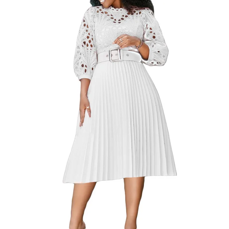 Dark Soul Women's Elegant Patchwork Lace Dress - Solid Color Round Neck 3/4 Sleeve Pleated