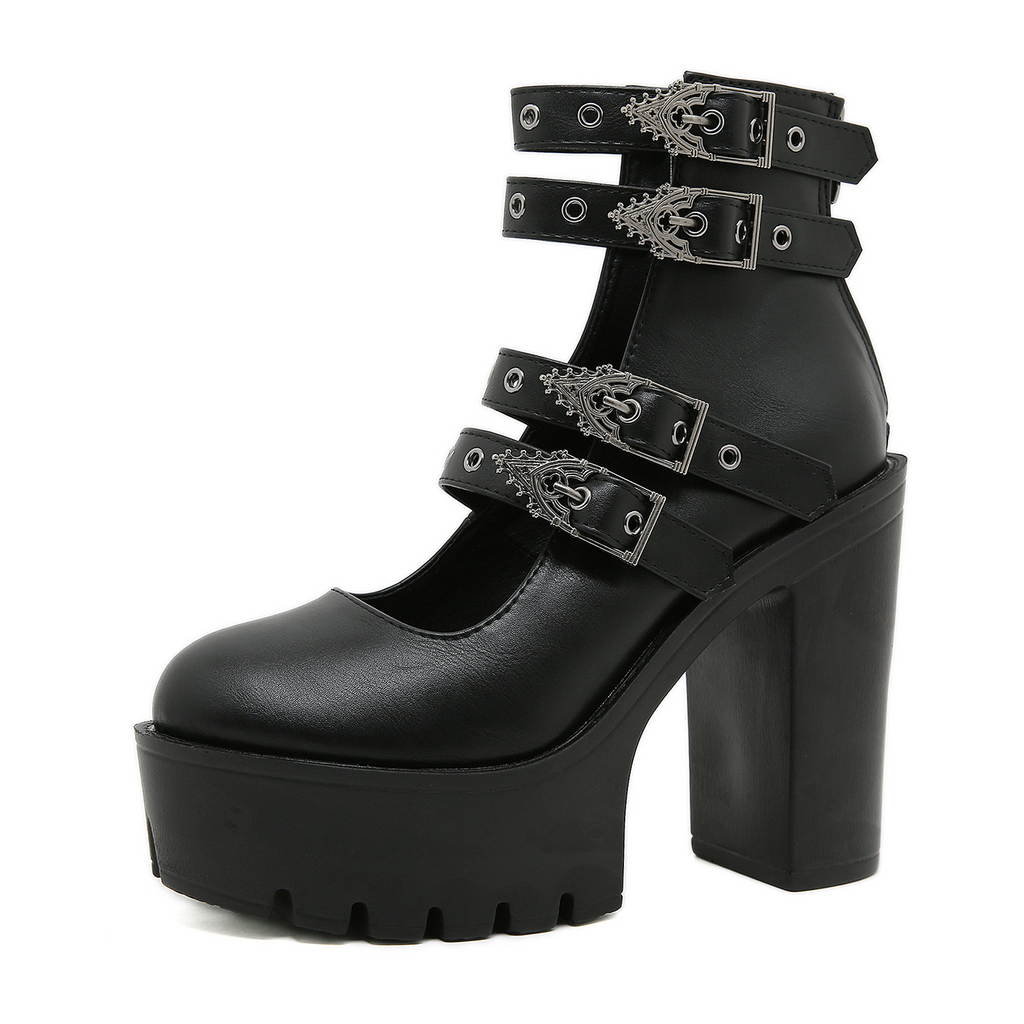 Damskie buty gotyckie Dark Soul w kolorze czarnym z klockowym obcasem – metalowa klamra, gruba platforma 