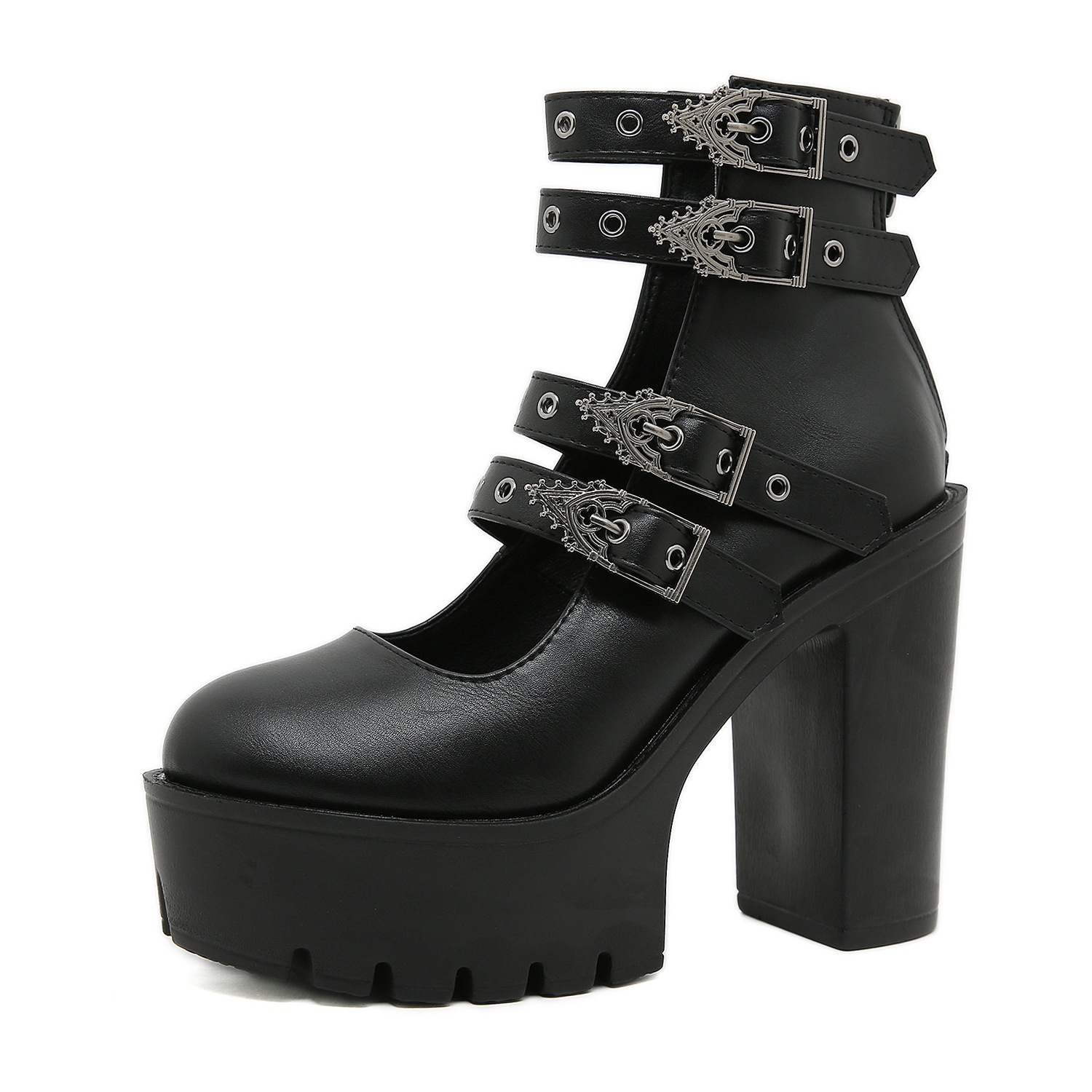 Damskie buty gotyckie Dark Soul w kolorze czarnym z klockowym obcasem – metalowa klamra, gruba platforma 