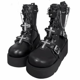 Damskie buty Dark Soul Goth Punk w kolorze czarnym ze skóry – metalowy krzyż z nitami, na platformie i koturnach 