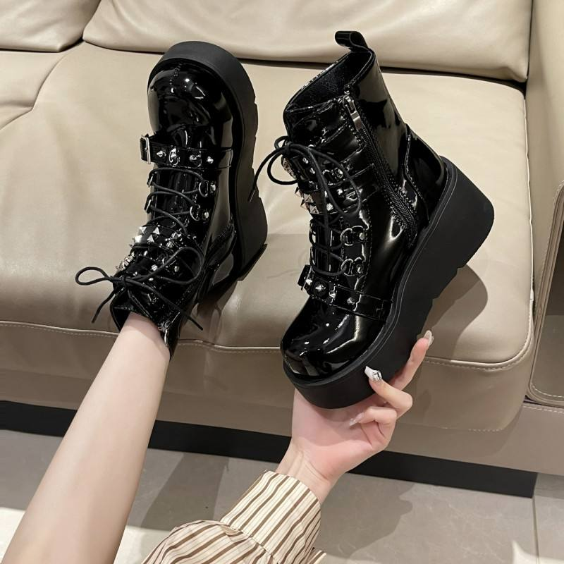 Damskie buty motocyklowe Dark Soul Punk Gothic – grube podeszwy, wysokie botki do kostki 