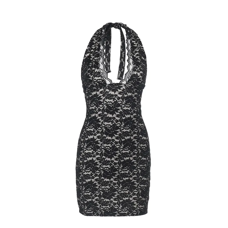 Dark Soul Women's Sexy Halter Neck Lace Cocktail Dress - Solid Color Floral Party Wear