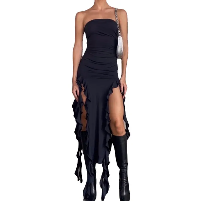 Dark Soul Women's Sexy Strapless Black Dress - Tassel Solid Color Streetwear Party & Holiday