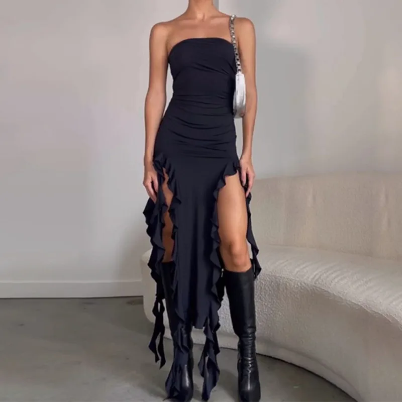 Dark Soul Women's Sexy Strapless Black Dress - Tassel Solid Color Streetwear Party & Holiday