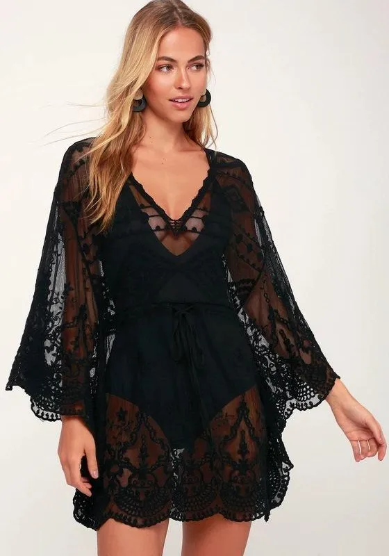 Dark Soul Women's White Lace Beach Cover Up - V-Neck Swimsuit Kimono Tunic