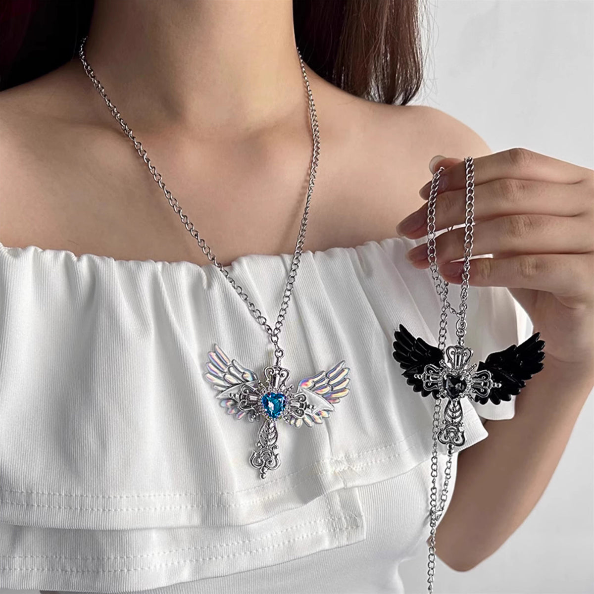 Naszyjnik z wisiorkiem Dark Soul Y2K Gothic Sweet Cross Wings – łańcuszek kablowy ze sztucznego kamienia szlachetnego 