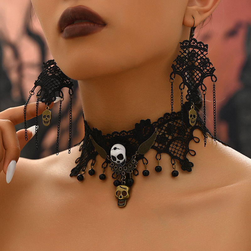 Zestaw biżuterii w stylu retro Dark Soul Gothic Skull – damski, ze stopu metali, na Halloween 