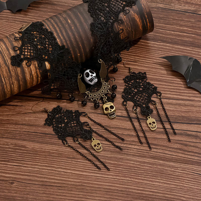 Zestaw biżuterii w stylu retro Dark Soul Gothic Skull – damski, ze stopu metali, na Halloween 