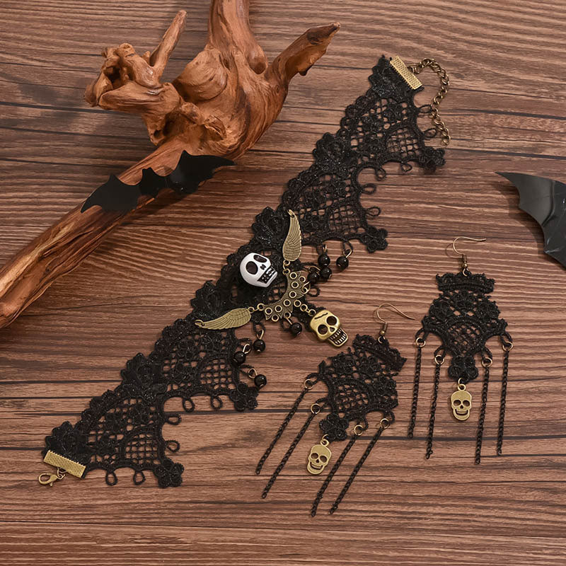 Zestaw biżuterii w stylu retro Dark Soul Gothic Skull – damski, ze stopu metali, na Halloween 