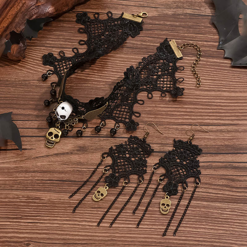 Zestaw biżuterii w stylu retro Dark Soul Gothic Skull – damski, ze stopu metali, na Halloween 